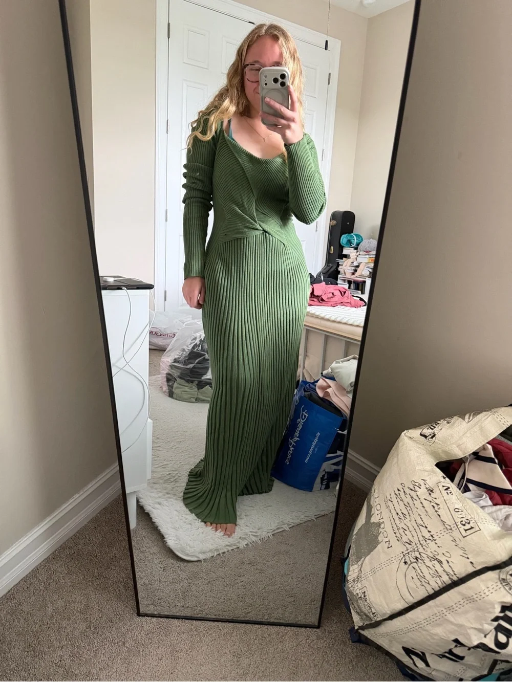 Free People Olive Green Long Sleeve Ribbed Twist-Front Maxi Dress